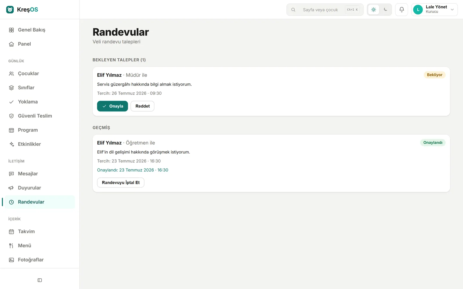 KreşOS Randevular ekranı — veli randevu talepleri ve onay akışı