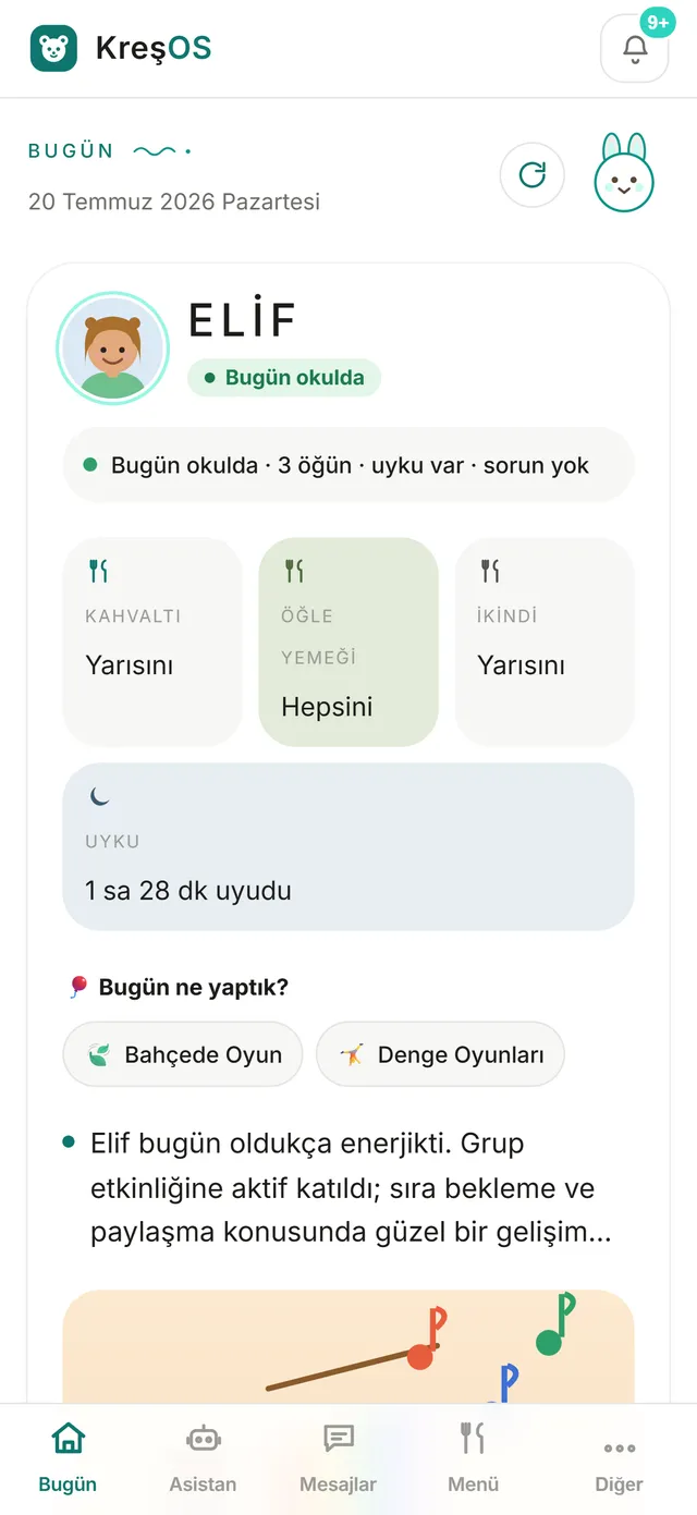 KreşOS veli uygulaması Bugün ekranı — çocuğun günü tek bakışta