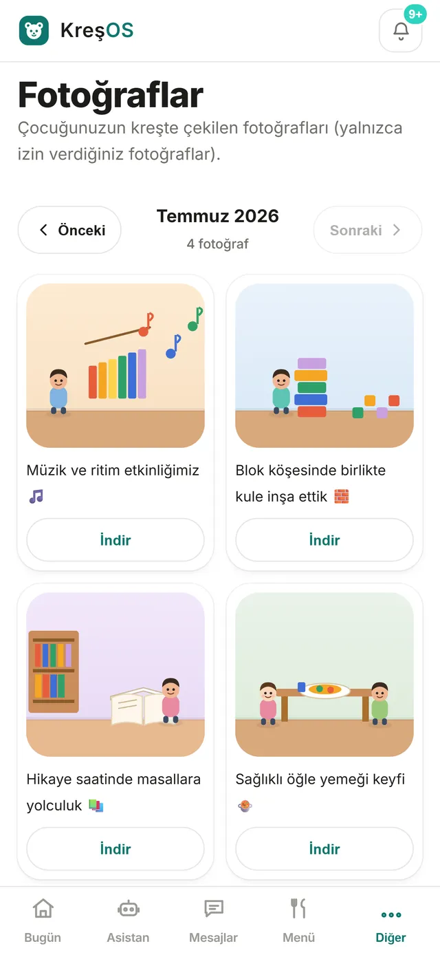 KreşOS veli fotoğraf albümü — aylık kareler